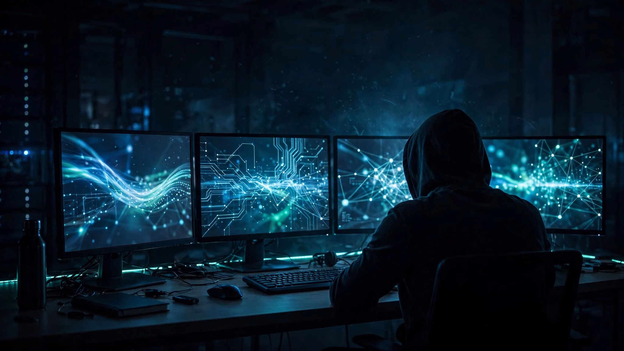 Wide landscape illustration of a hacker silhouette in front of glowing code on multiple computer screens in a dark room