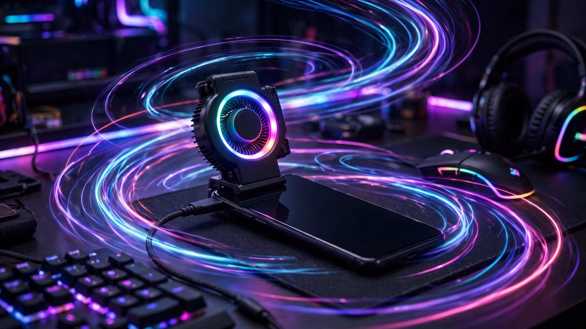 Illustrative landscape graphic of a smartphone display showing a fast-paced mobile game