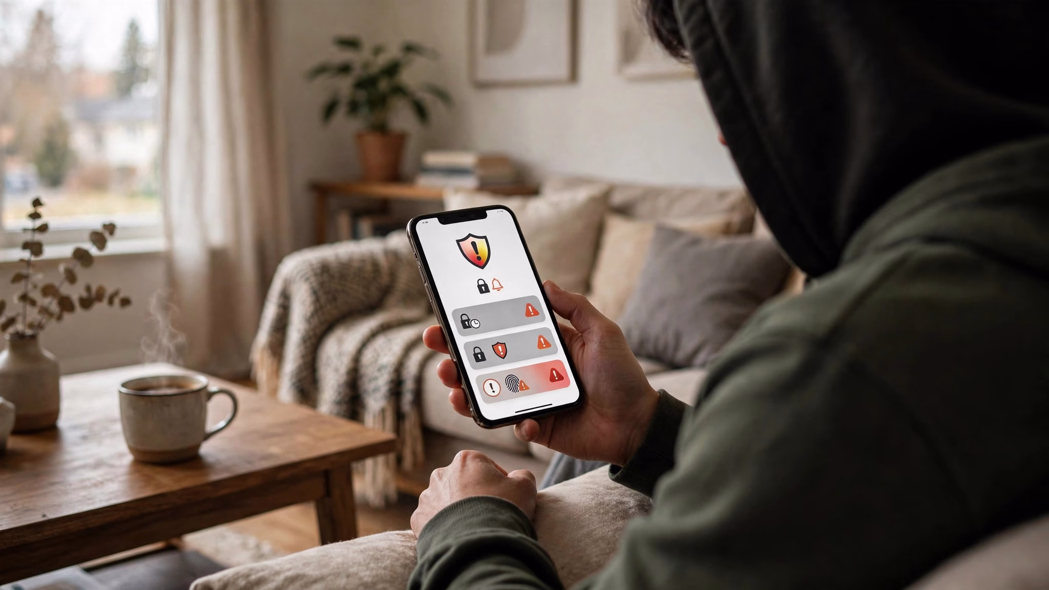 Wide landscape illustration of a person checking banking security alerts on a smartphone at home