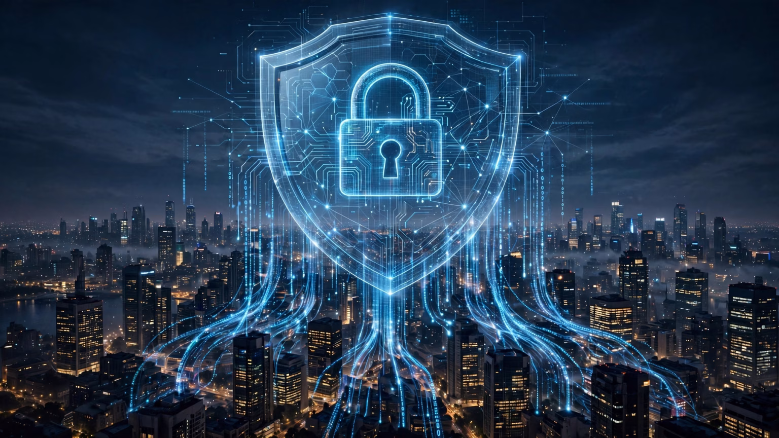 Wide landscape illustration of a bank lock icon and digital shield protecting data streams over a city skyline at night