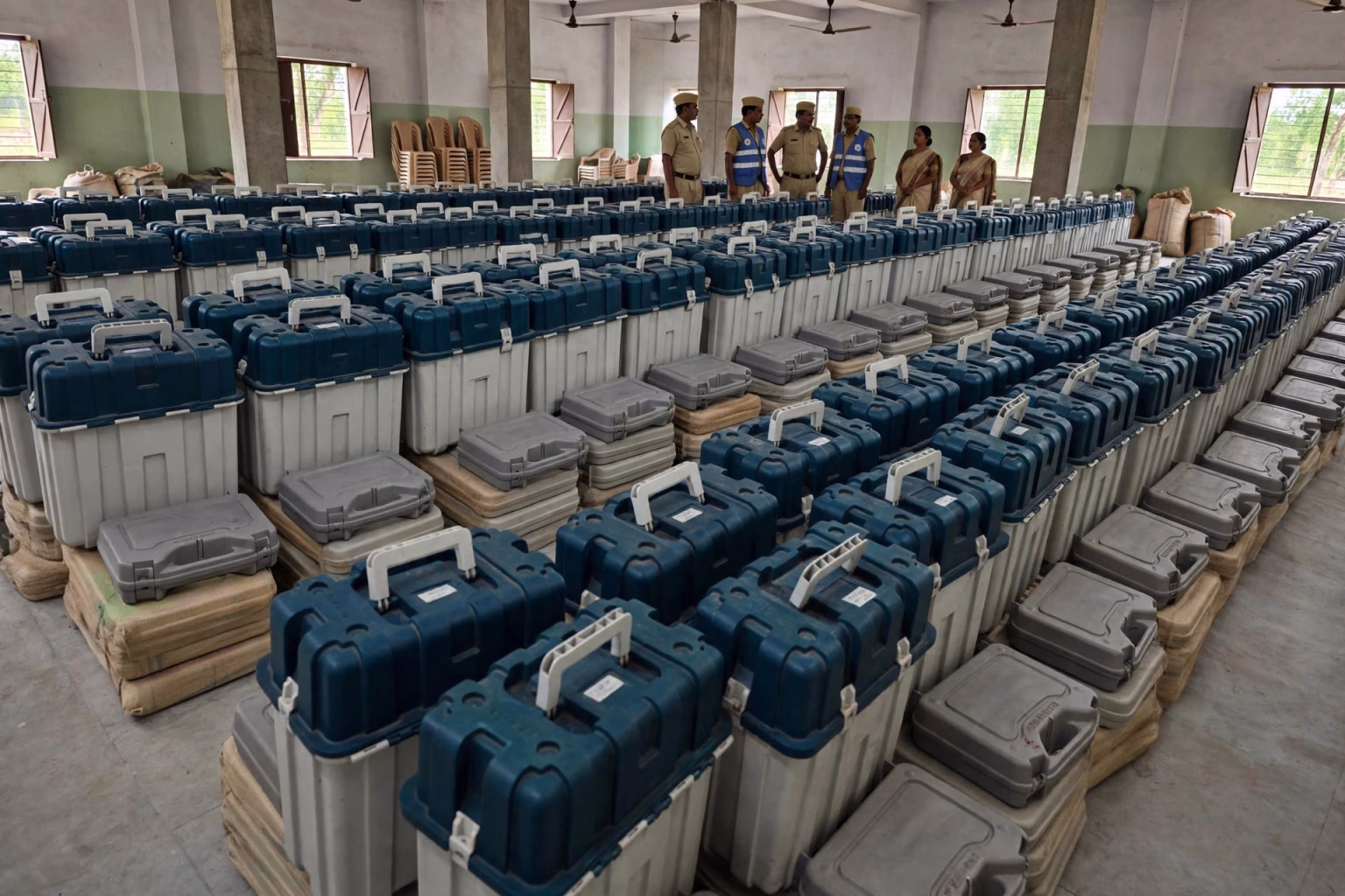Electronic voting machines lined up at a polling station in Bihar