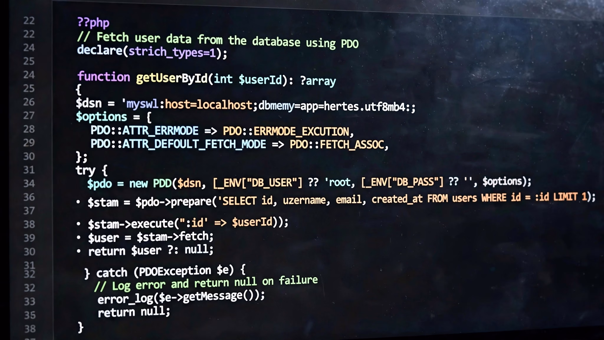 Close-up of PHP programming code on a developer's computer monitor