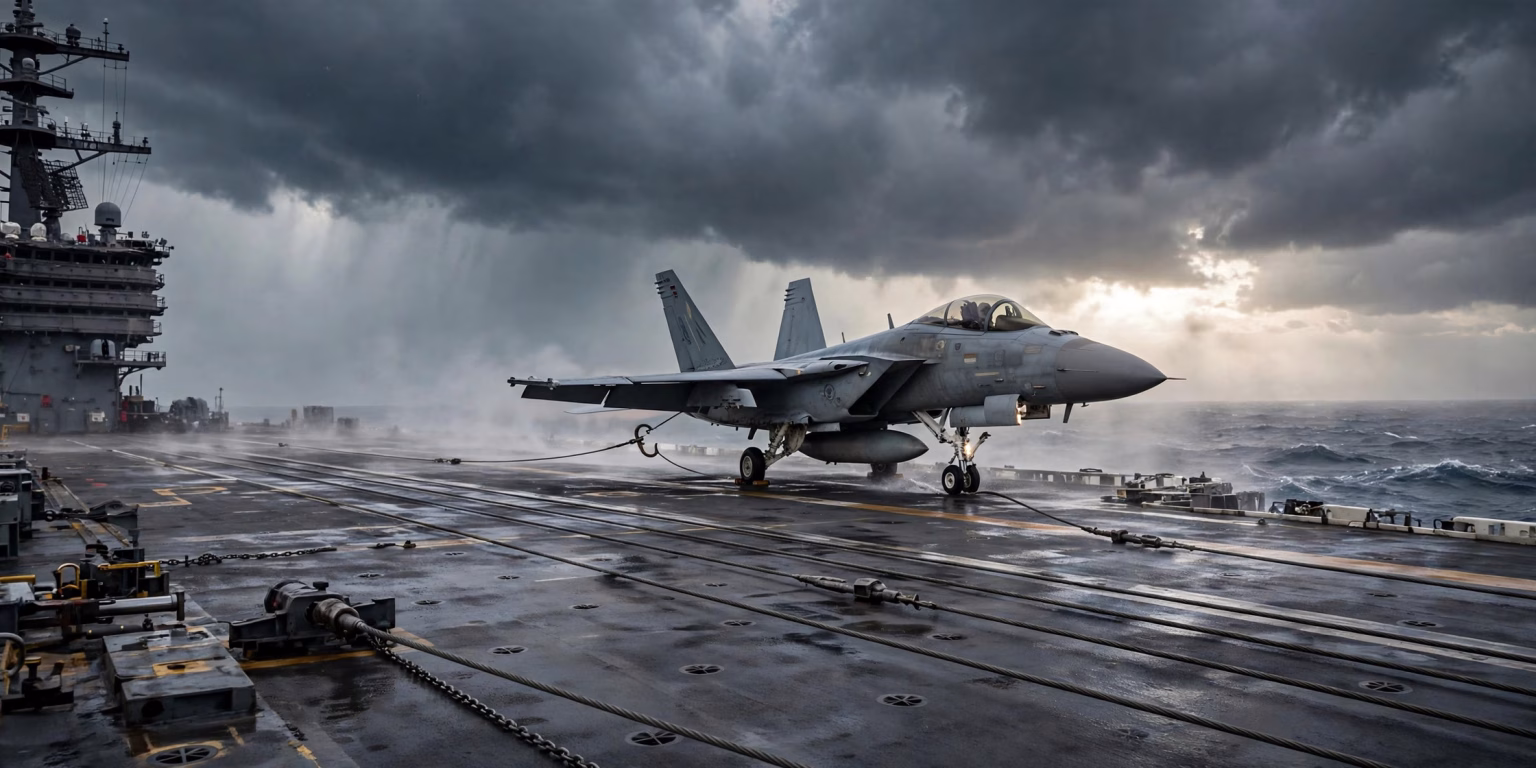 Fighter jet landing on the deck of an aircraft carrier at sea