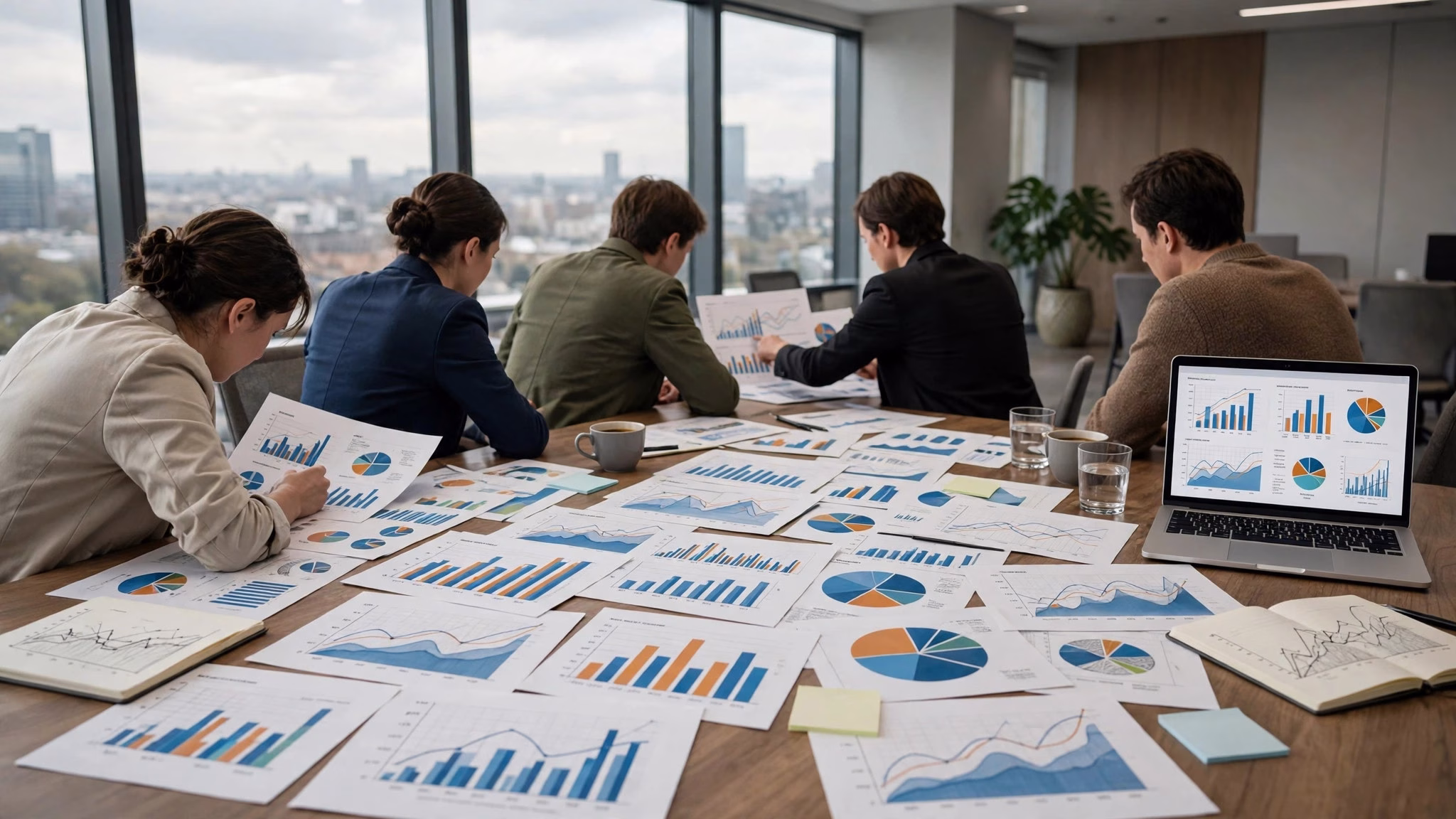 Wide landscape illustration of analysts studying quarterly earnings reports and graphs on a large conference table