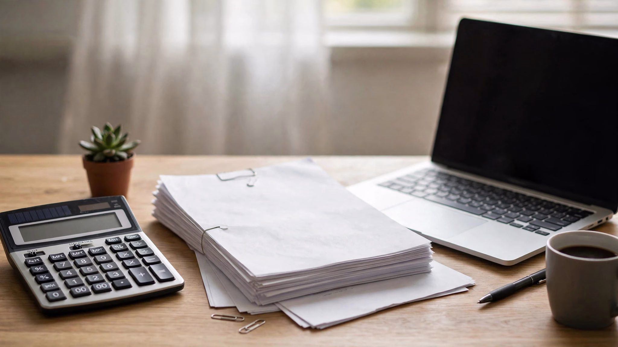 Wide landscape illustration of a calculator and loan documents beside a laptop on a desk