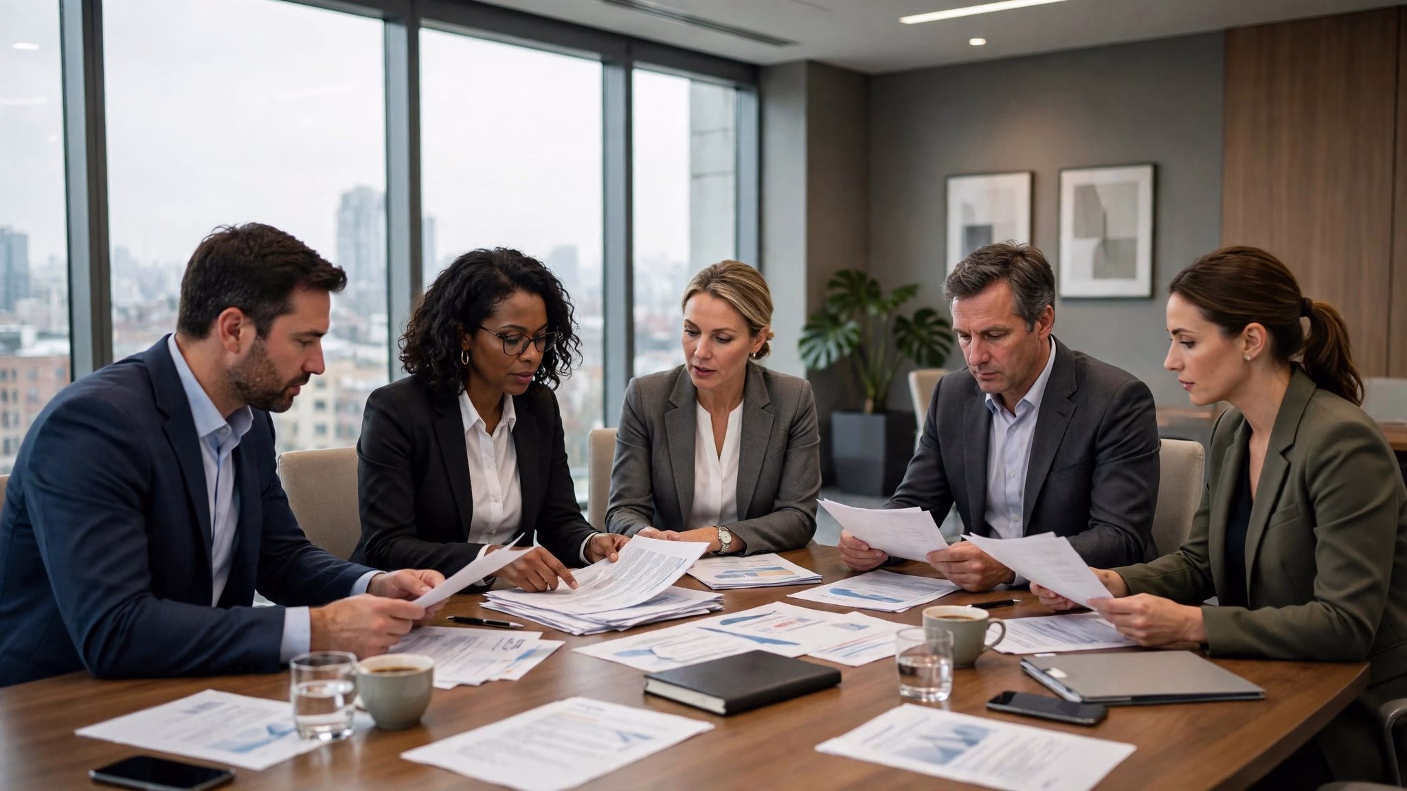 Corporate boardroom meeting with executives reviewing documents