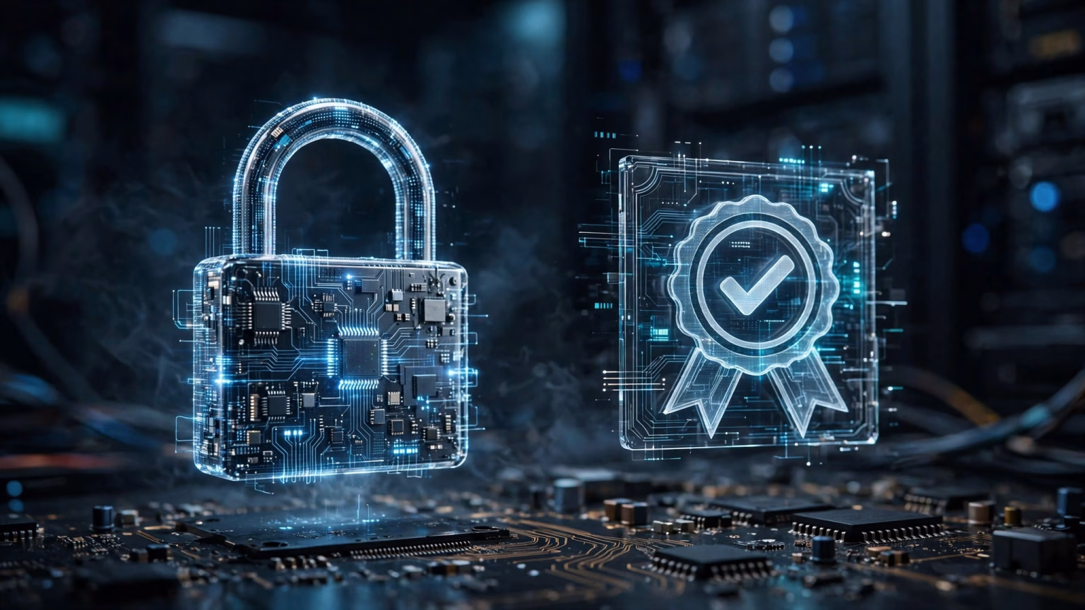 Digital padlock and security certificate icons on a dark cyber background
