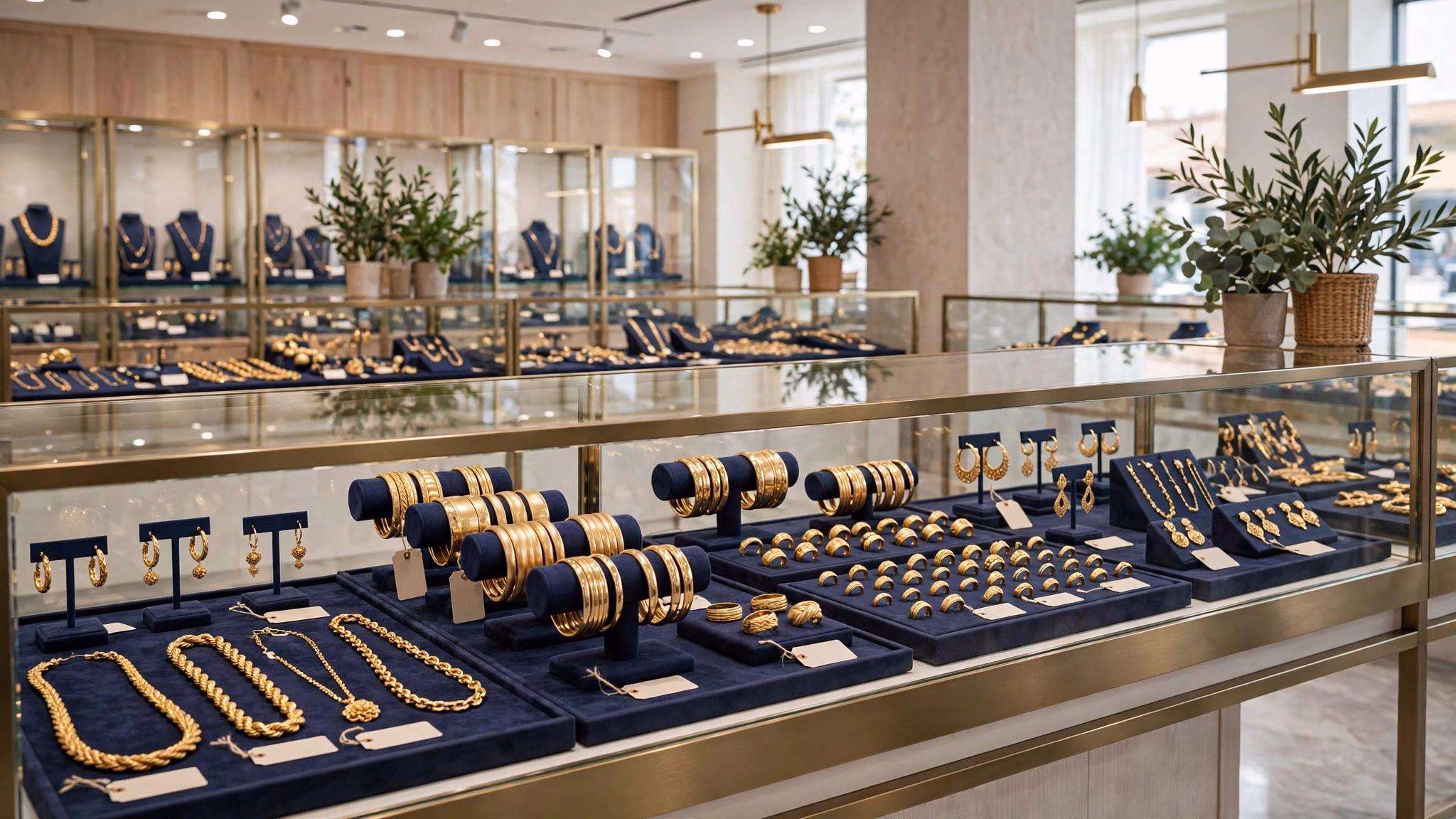 Wide landscape illustration of a jeweller's display with gold ornaments and price tags in a bright showroom