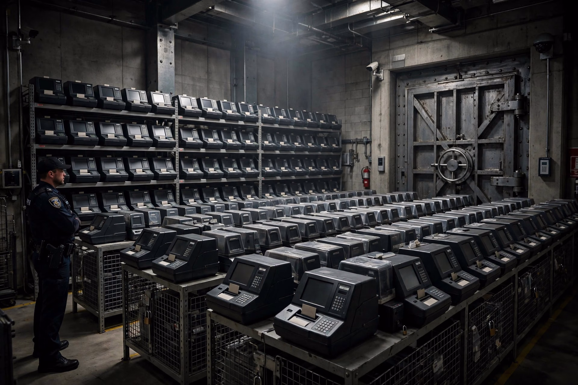 Electronic voting machines stored in a strong room under security