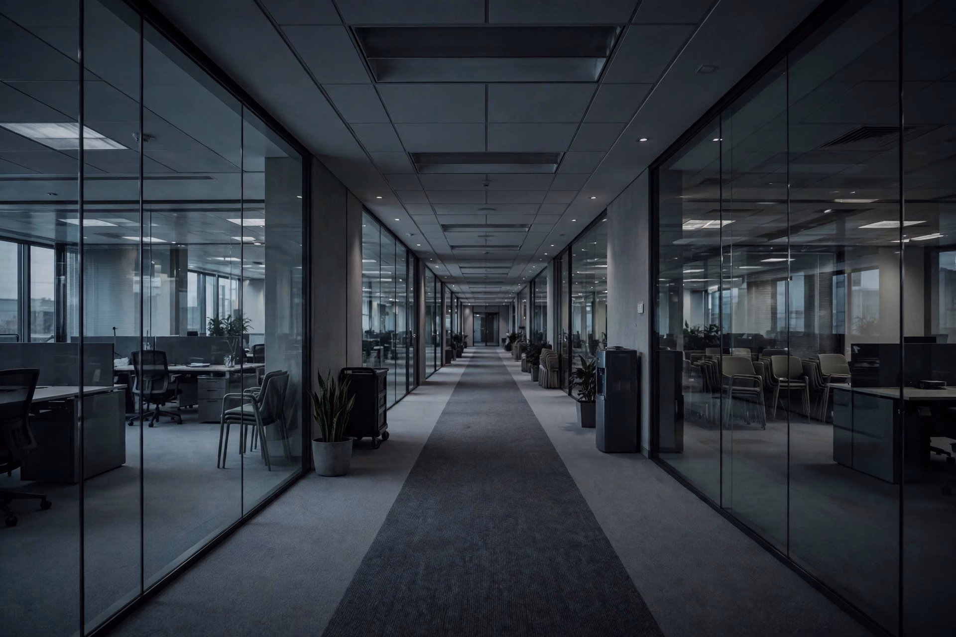 Office workspace with empty desks representing corporate job cuts in the tech industry