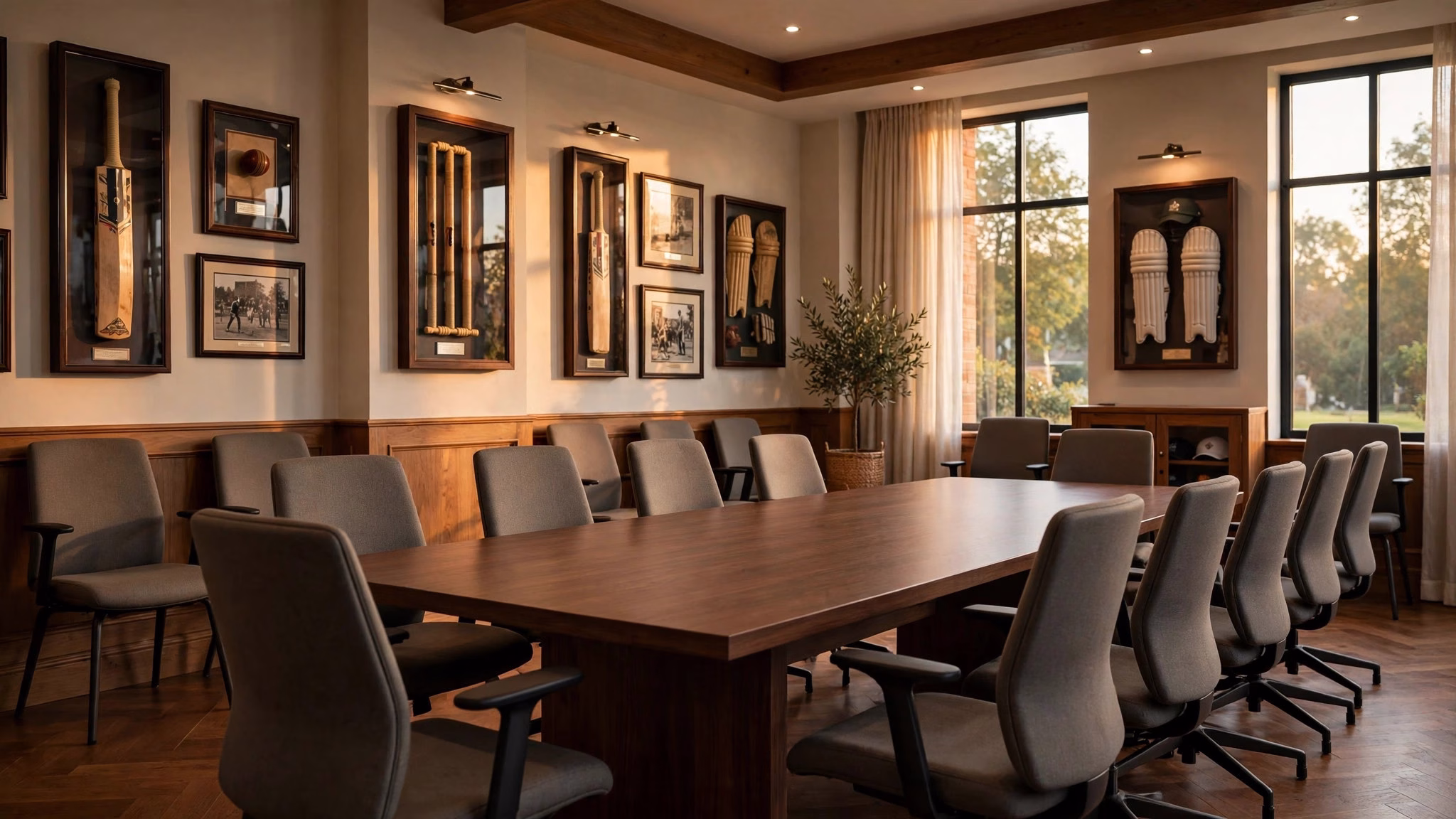 Illustration of cricket strategy discussion in a modern boardroom with a selection panel