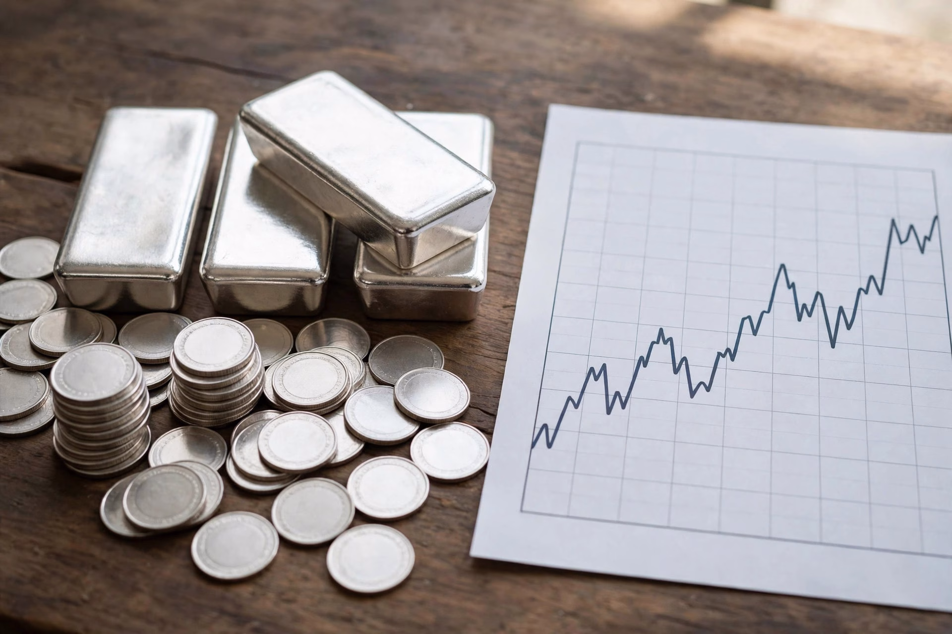 Wide landscape illustration of silver coins and bars arranged beside a market price chart
