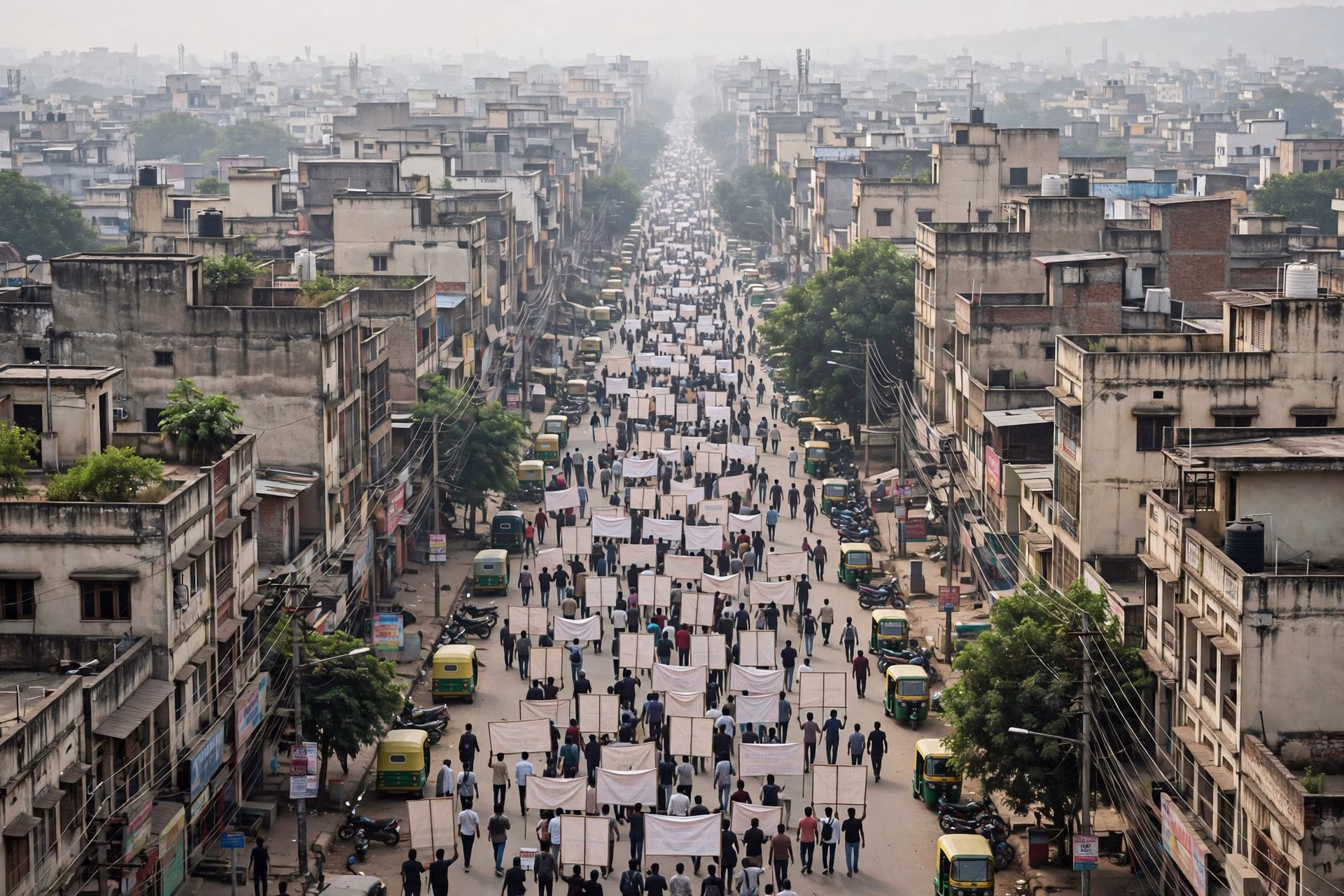Crowd of protesters marching with banners in an Indian city street