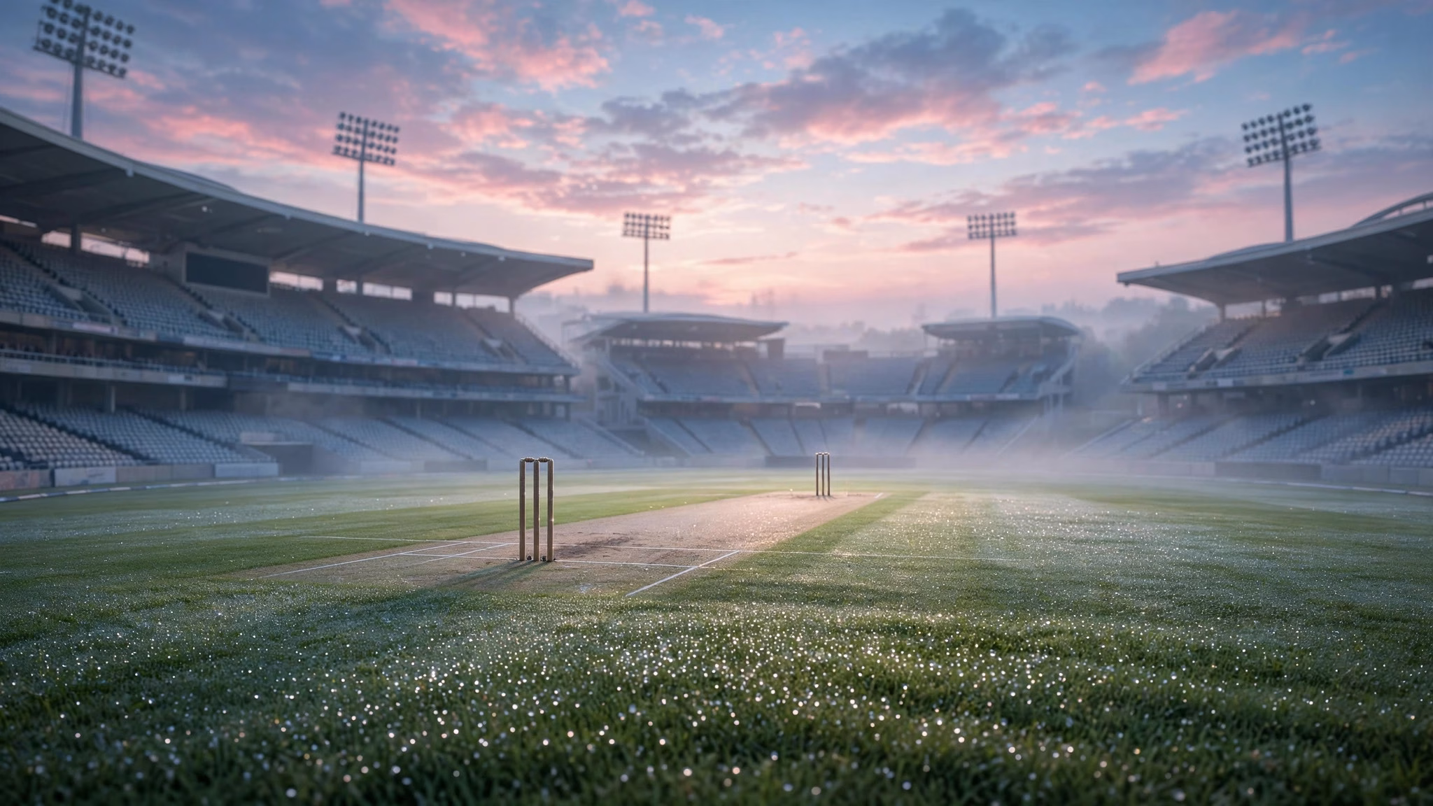 A red cricket ball resting on a grassy outfield near the stumps