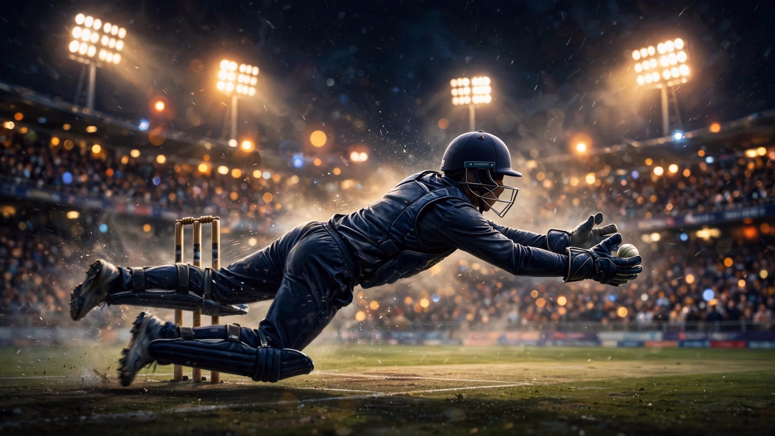 Pant Ruled Out of First Two India A Four-Dayers; Kushagra Gets Big Break A cricket wicketkeeper diving to take a catch during a red-ball match at dawn