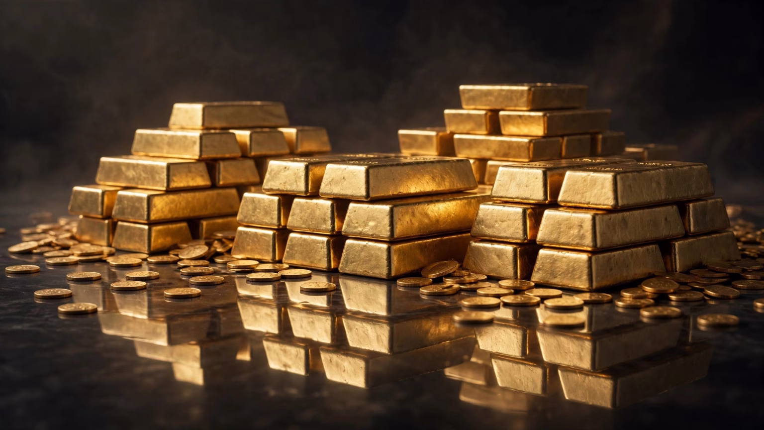 Wide landscape illustration of stacked gold bars and gold coins glowing softly on a dark reflective surface