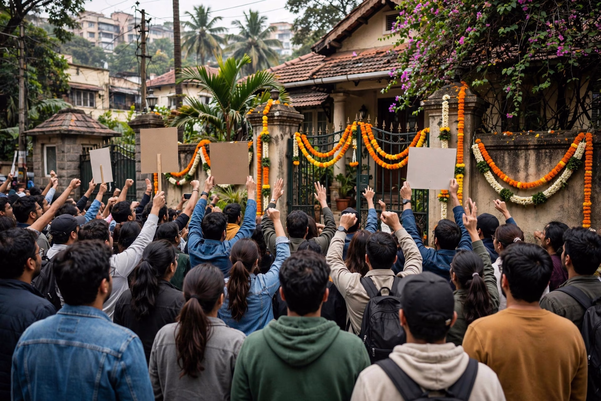 Fans with posters and floral garlands outside Amitabh Bachchan's Jalsa residence in Juhu, Mumbai