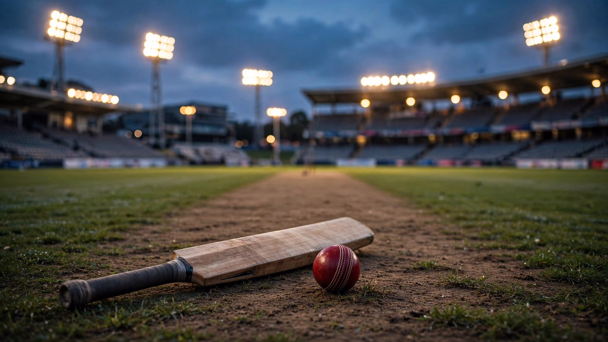 Wide landscape illustration of a generic cricket bat and ball on a pitch at dusk with stadium lights glowing in the background