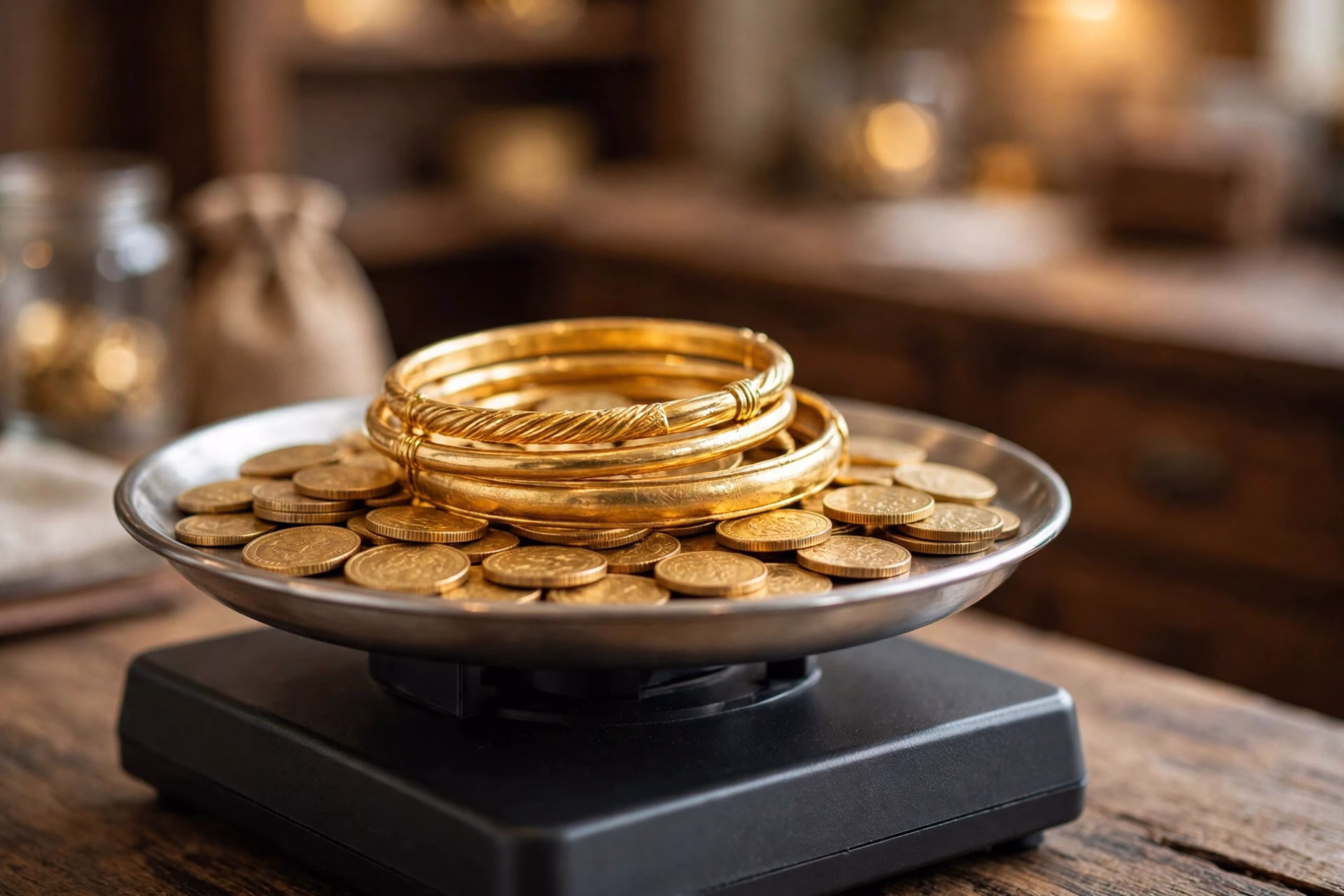 Close-up of gold bangles and coins on a weighing scale at a loan office