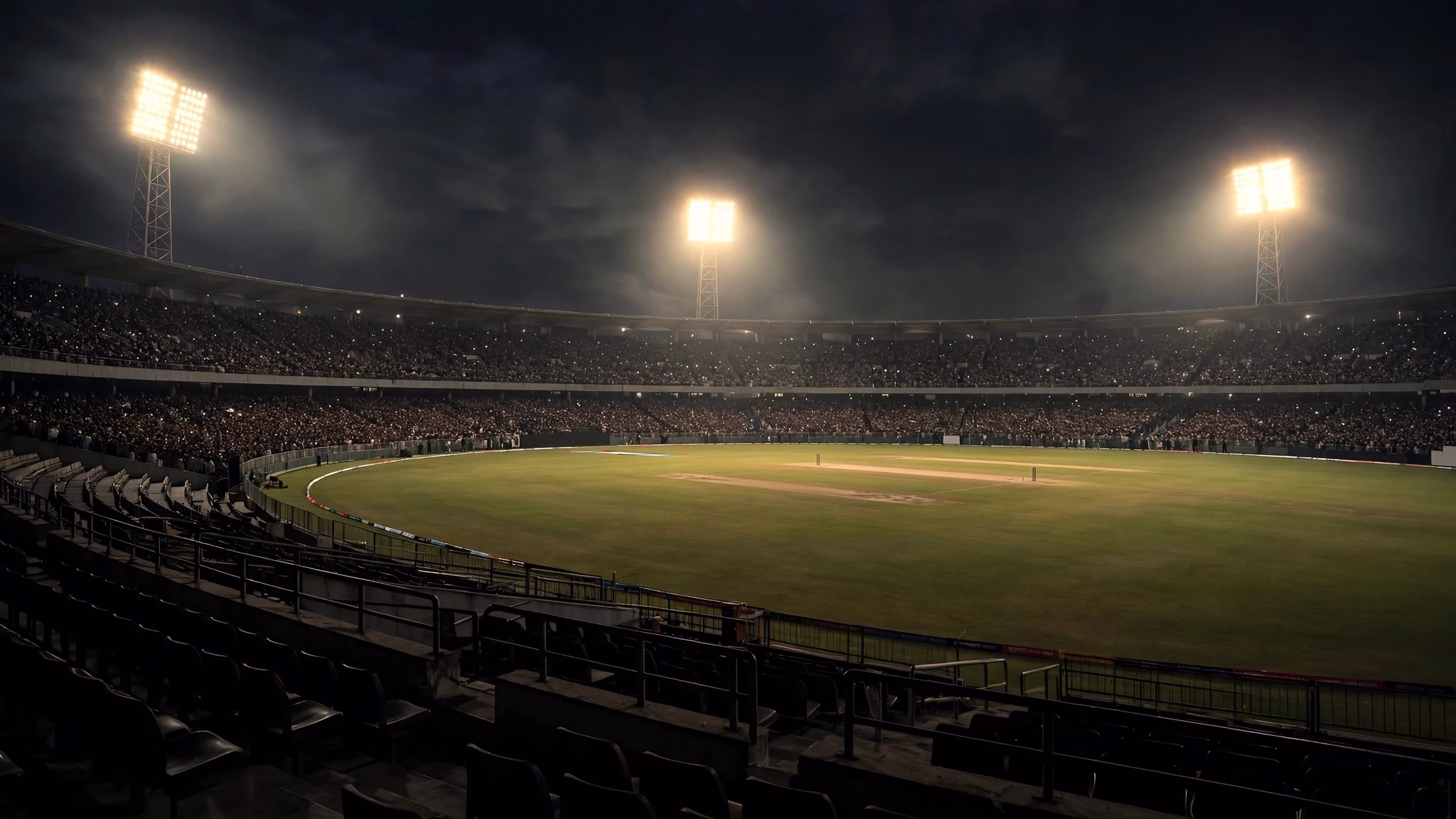 Illustration of a batter hitting a six under stadium floodlights in a T20 international