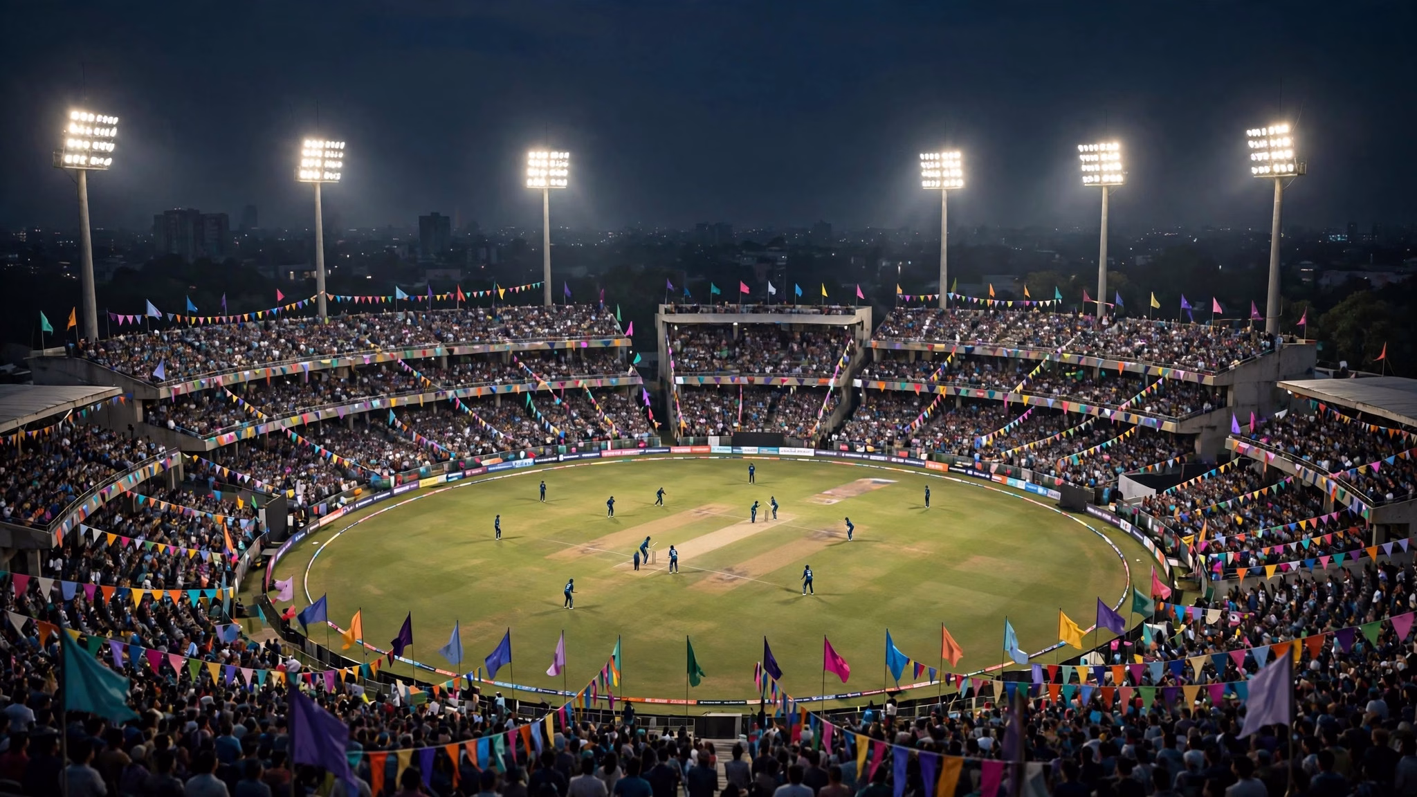 Wide landscape illustration of a packed cricket stadium with flags and floodlights during a women's T20I match