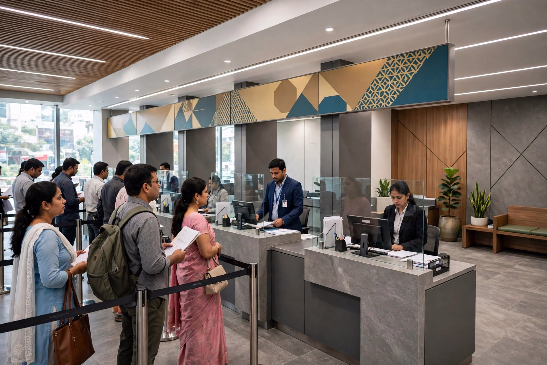 Indian bank branch signage with customers queuing for loan services