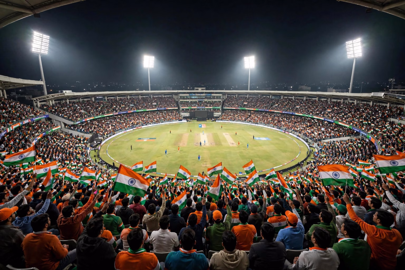 Indian cricketers celebrating a wicket under lights during the West Indies T20I series