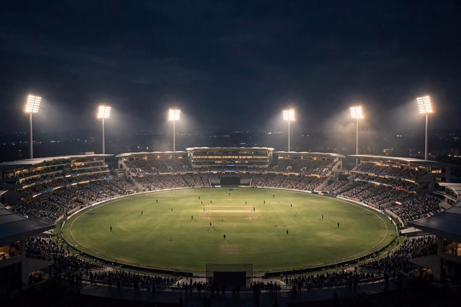 Illustration of a women's cricket T20I match under floodlights at a stadium in Raipur