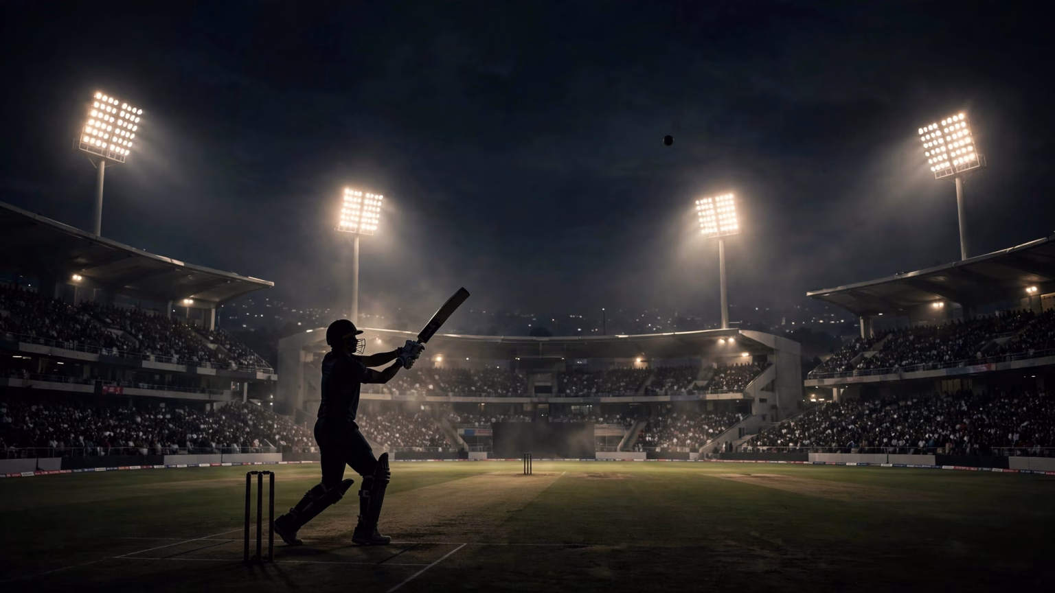 Wide landscape illustration of a cricket stadium under floodlights at night with a batsman in generic silhouette playing a lofted shot