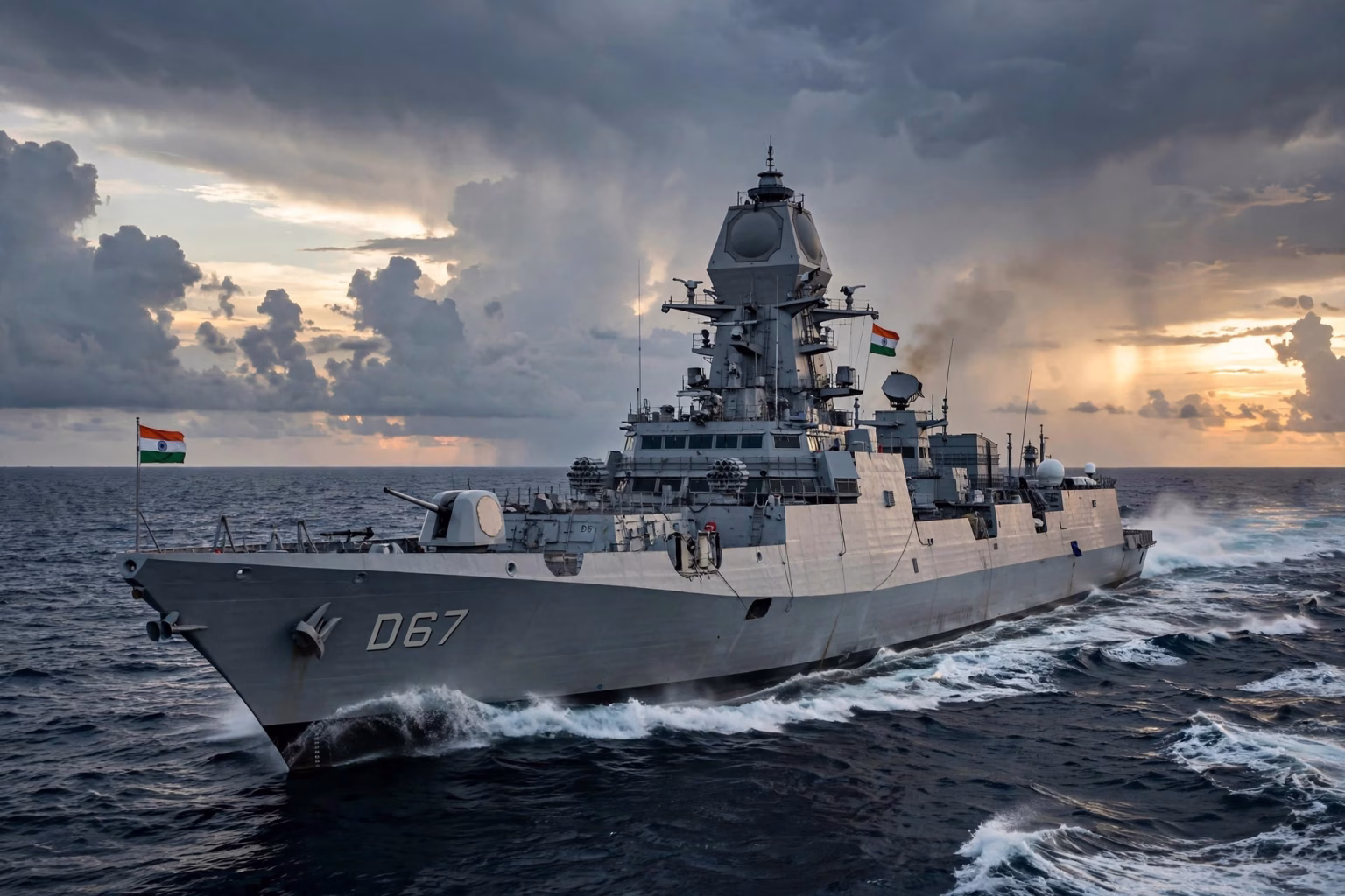 Navy Sailor Arrested for Allegedly Leaking Classified Info in Honey-Trap Case Navy sailor honey-trap case — Indian Navy warship at dusk, Pradeep Mukherjee arrested for alleged classified info leak