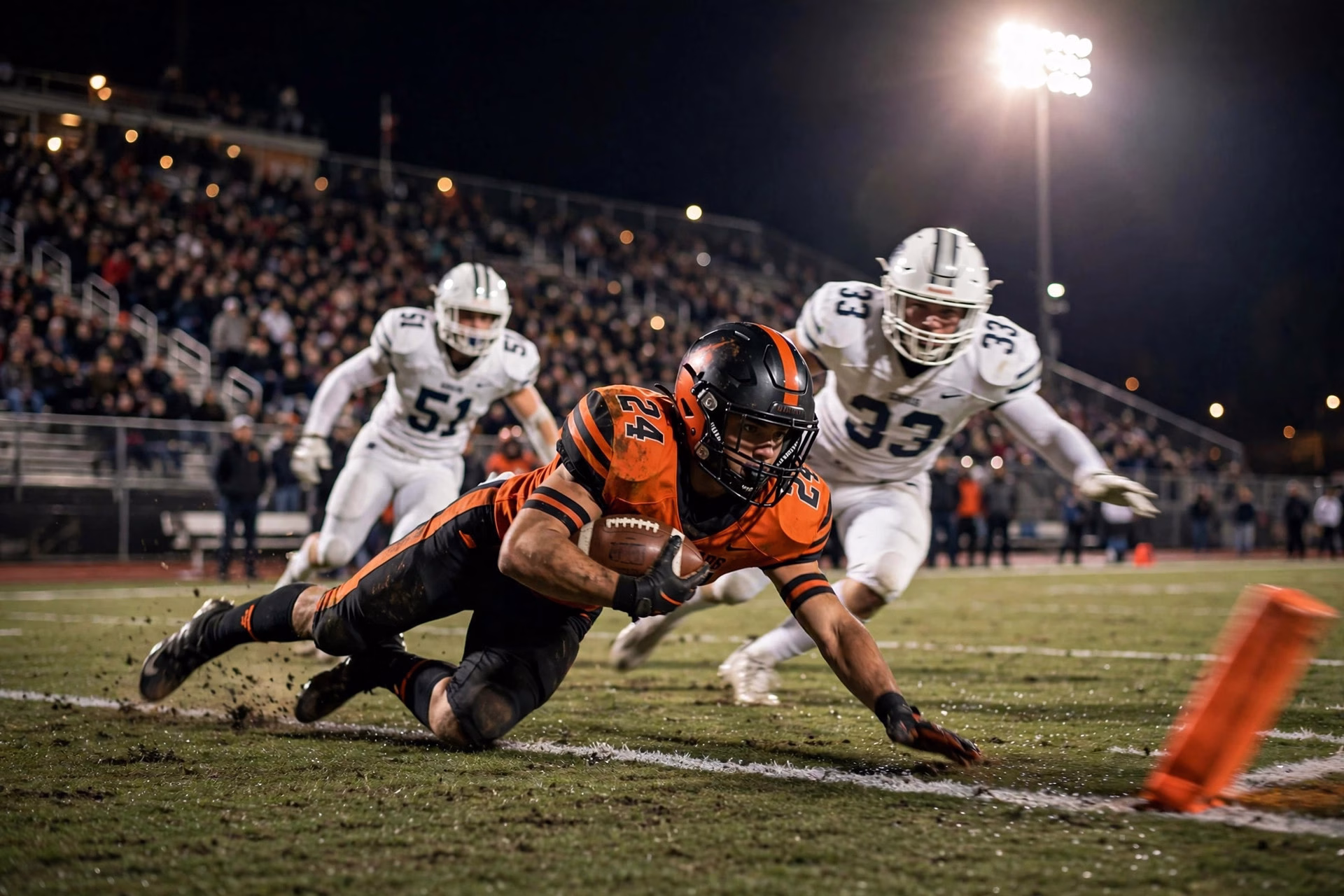 Bobcats running back diving across the goal line for a touchdown under the lights.