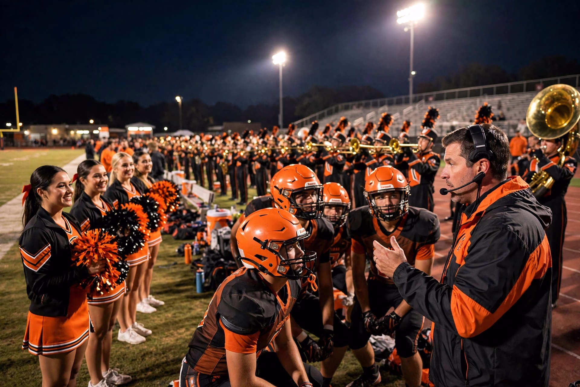 San Angelo Central coach addressing players on the sideline at night.