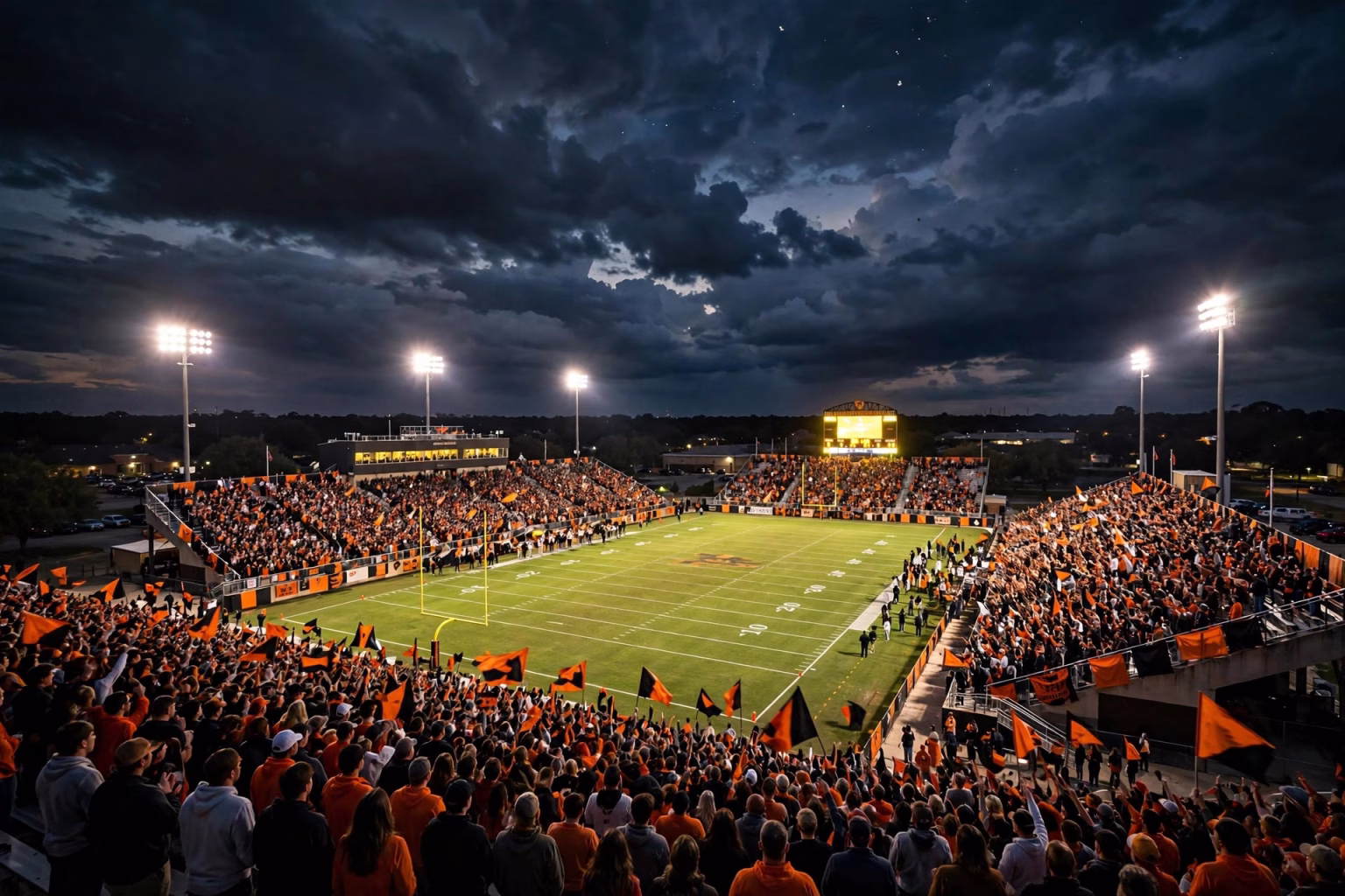 Packed Texas high school football stadium glowing under Friday night floodlights.