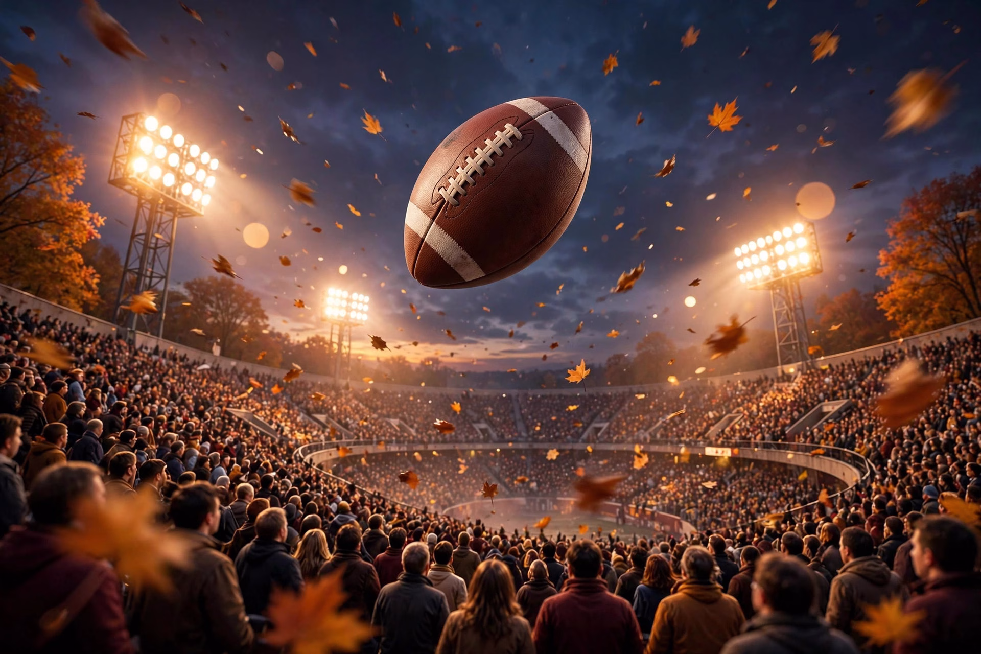 High school football in flight through autumn twilight sky above a stadium.