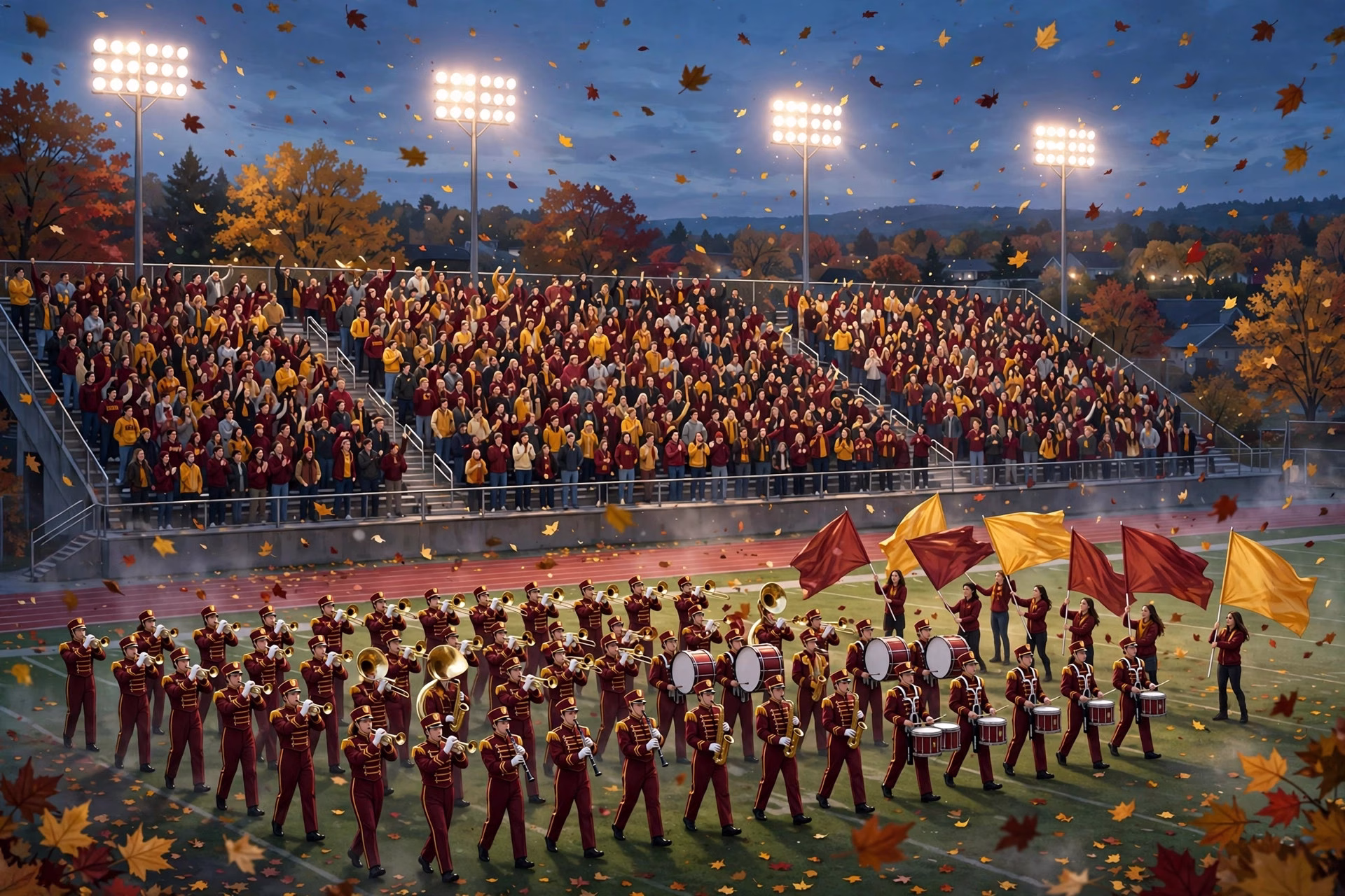High school marching band and student section cheering at dusk in the stands.