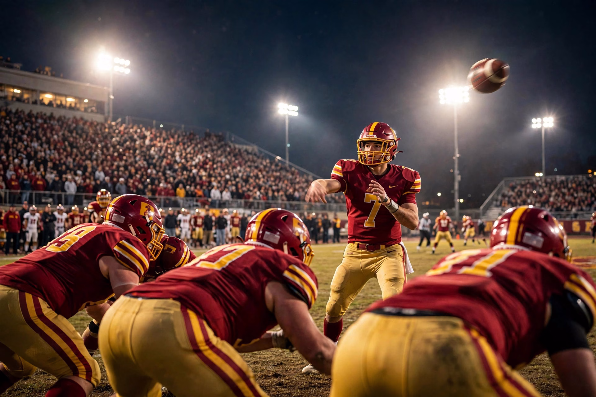 Central Lions quarterback throwing a deep pass under the lights.