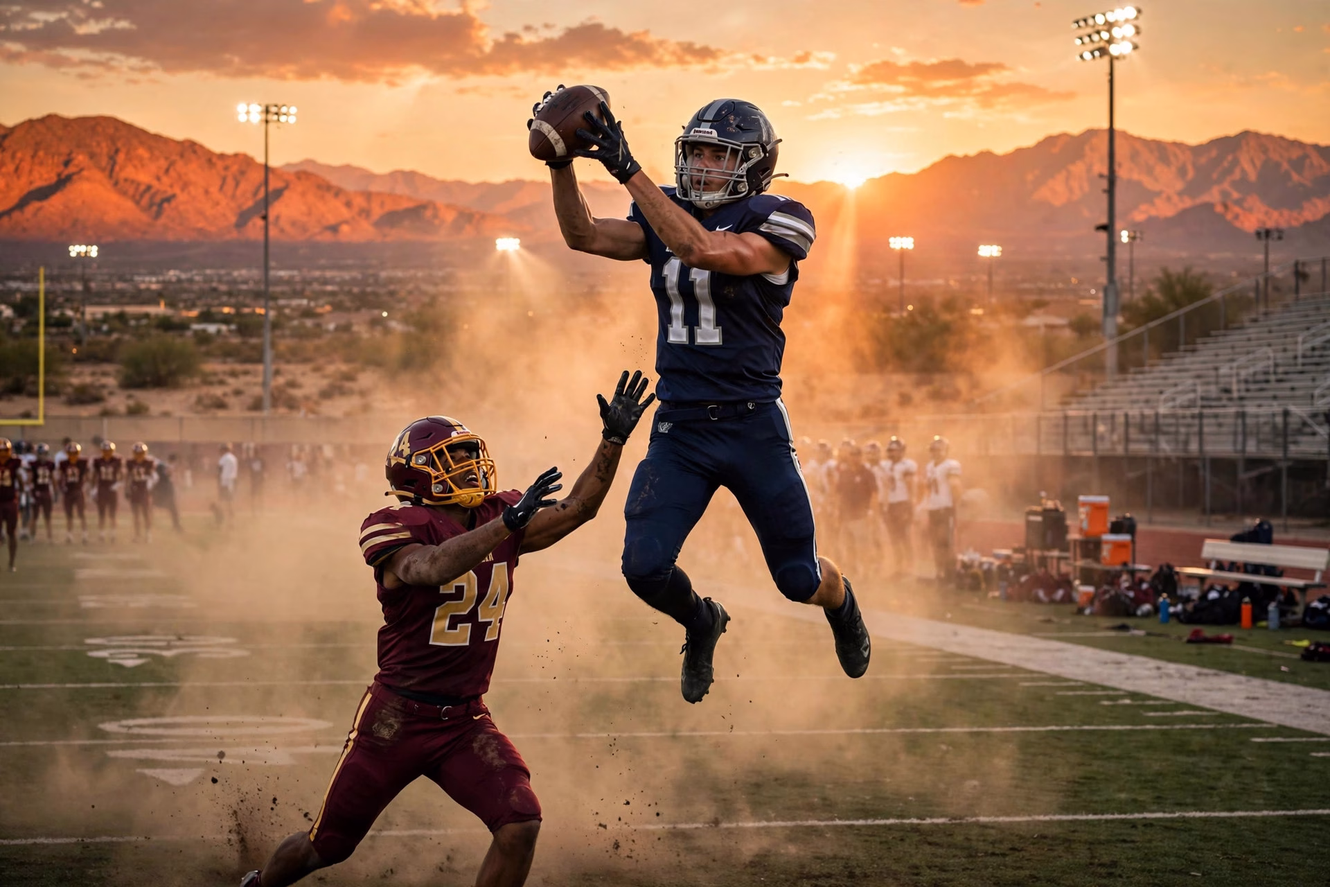 Central Phoenix receiver leaping for a catch at sunset.