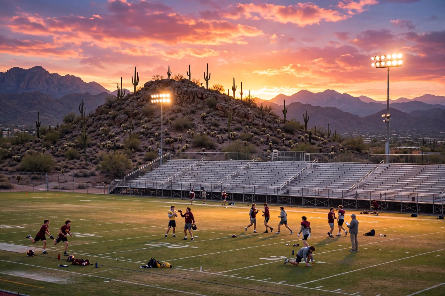 Central High School Phoenix Football Schedule 2026: Bobcats Still Searching for First Win at 0-5 Arizona high school football stadium at desert sunset with saguaro silhouettes.