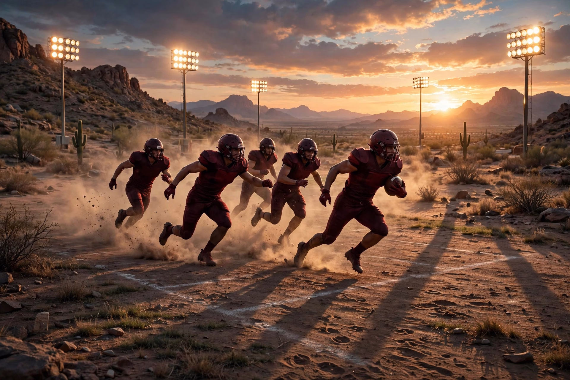 High school football players running a play at sunset on a desert field.