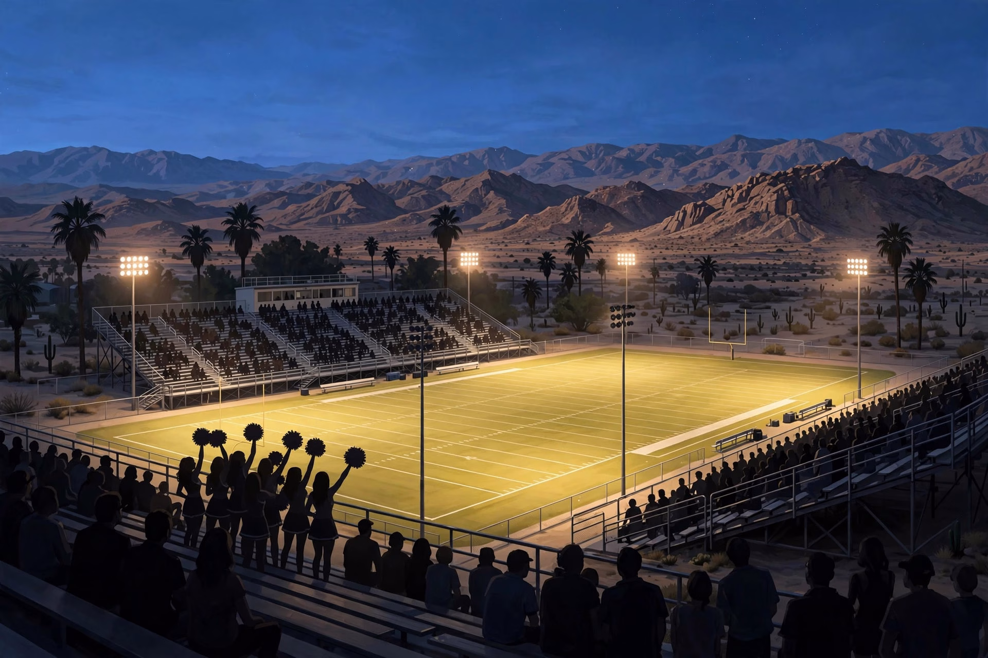 Friday night lights crowd in the bleachers of a small California high school stadium.