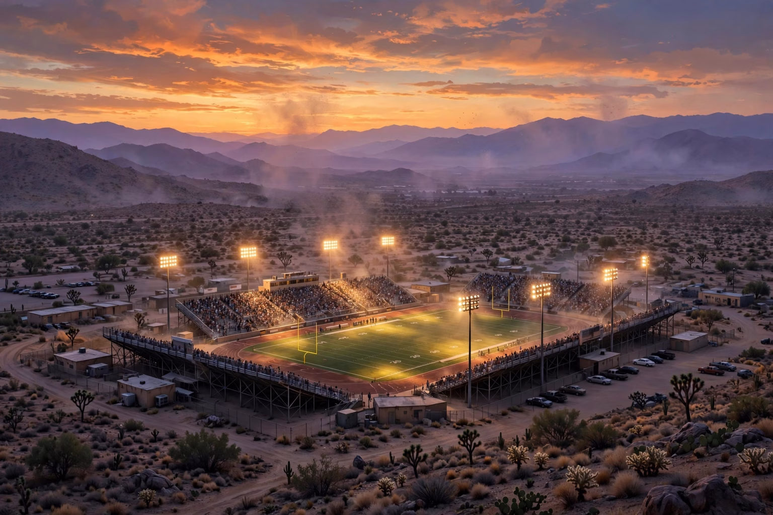 Central High School Football Schedule 2026: El Centro Spartans’ Season Guide Desert-edge California high school football stadium at dusk under glowing field lights.