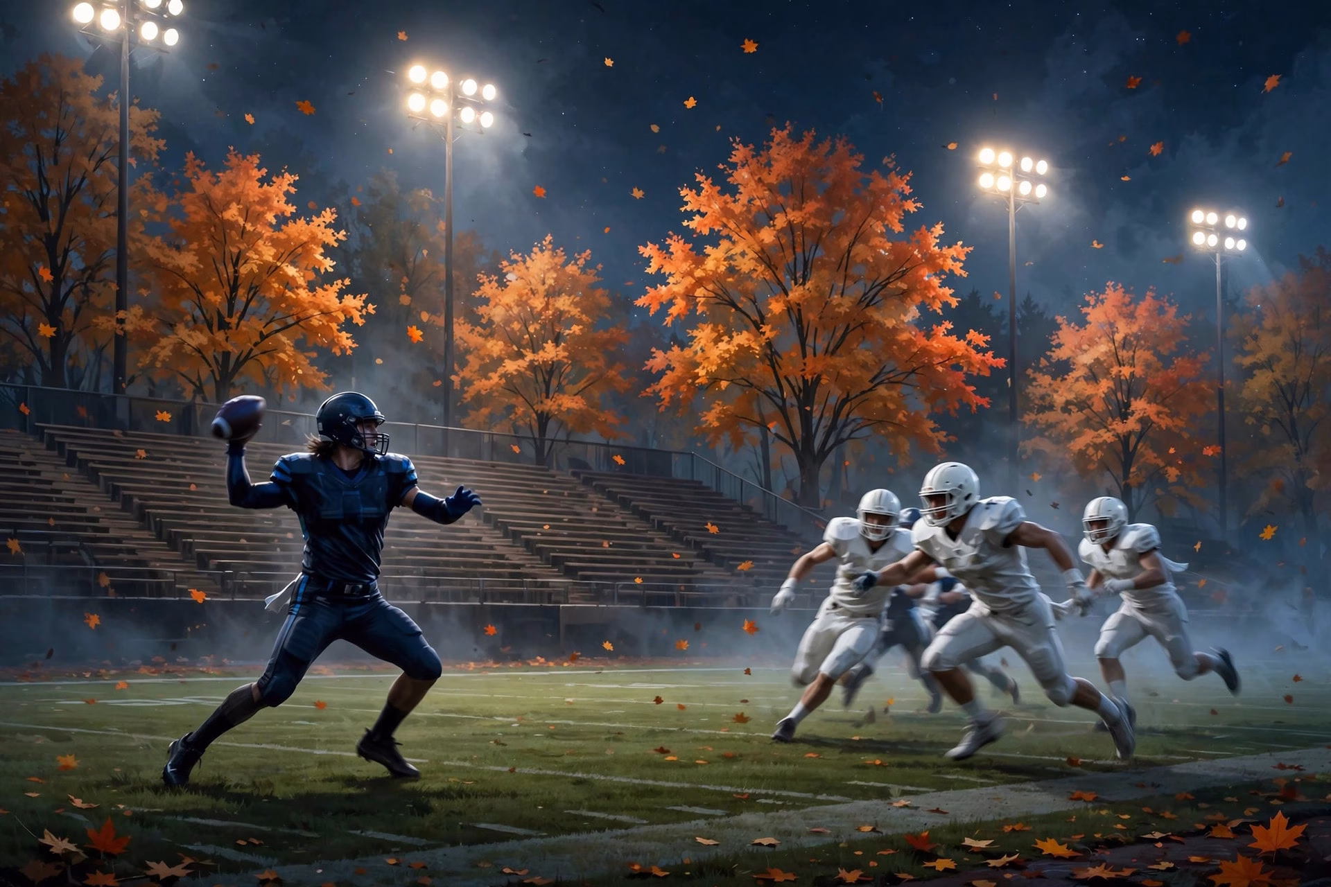 High school quarterback throwing a pass under stadium lights on a crisp autumn night.