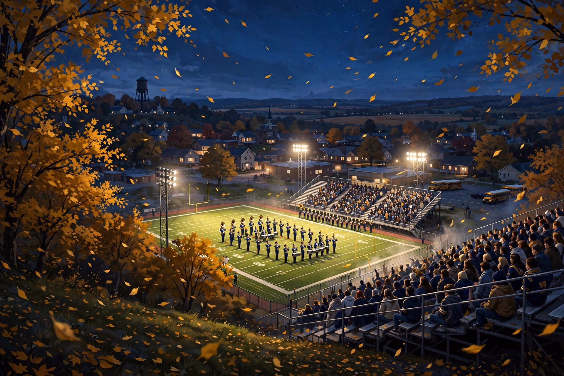 Student section cheering under Friday night lights at a small-town Missouri stadium.