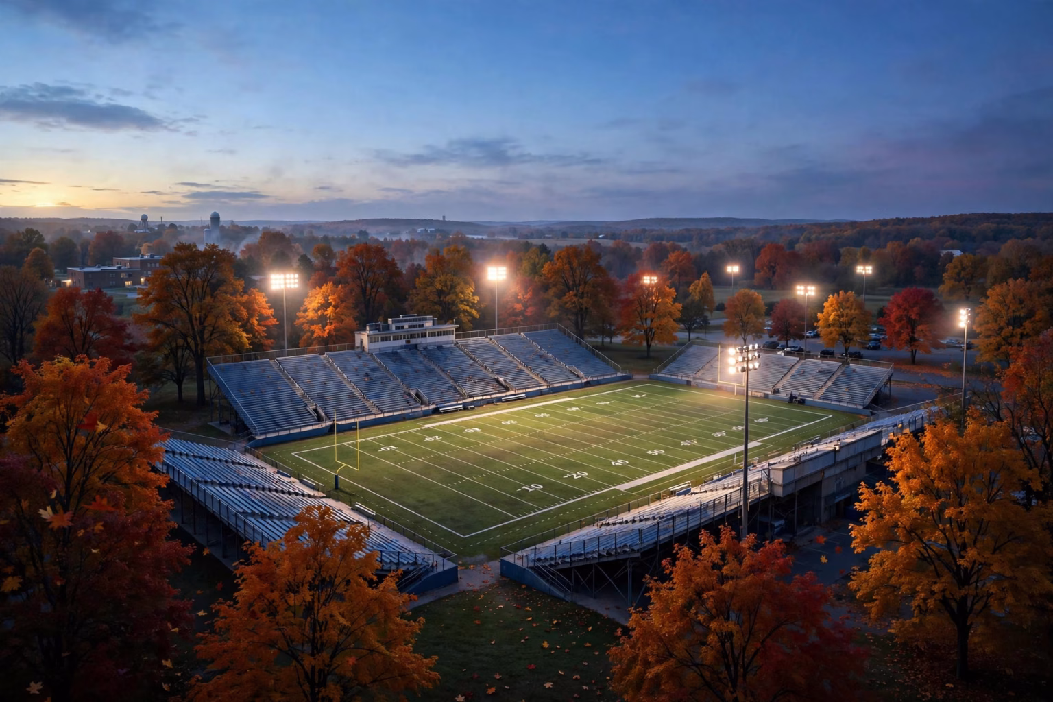Central High School Football Schedule 2026: Springfield Bulldogs’ Season Guide Midwest high school football stadium on an autumn evening with fall foliage.