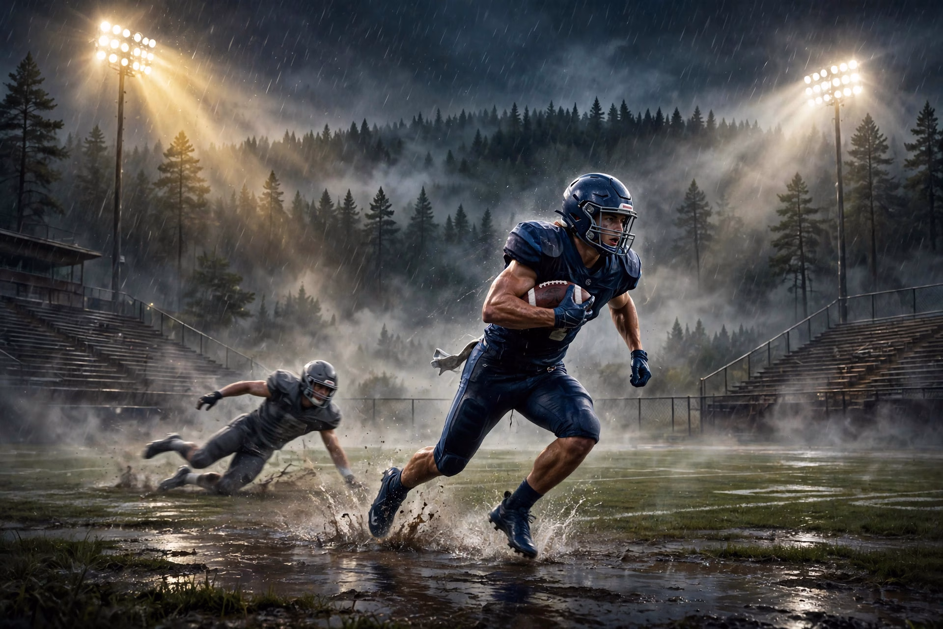 High school running back breaking a tackle in a rainy Alabama night game.