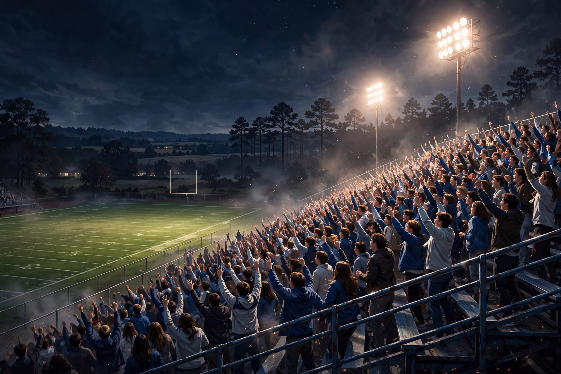 Packed bleachers cheering under floodlights at a rural Alabama high school stadium.