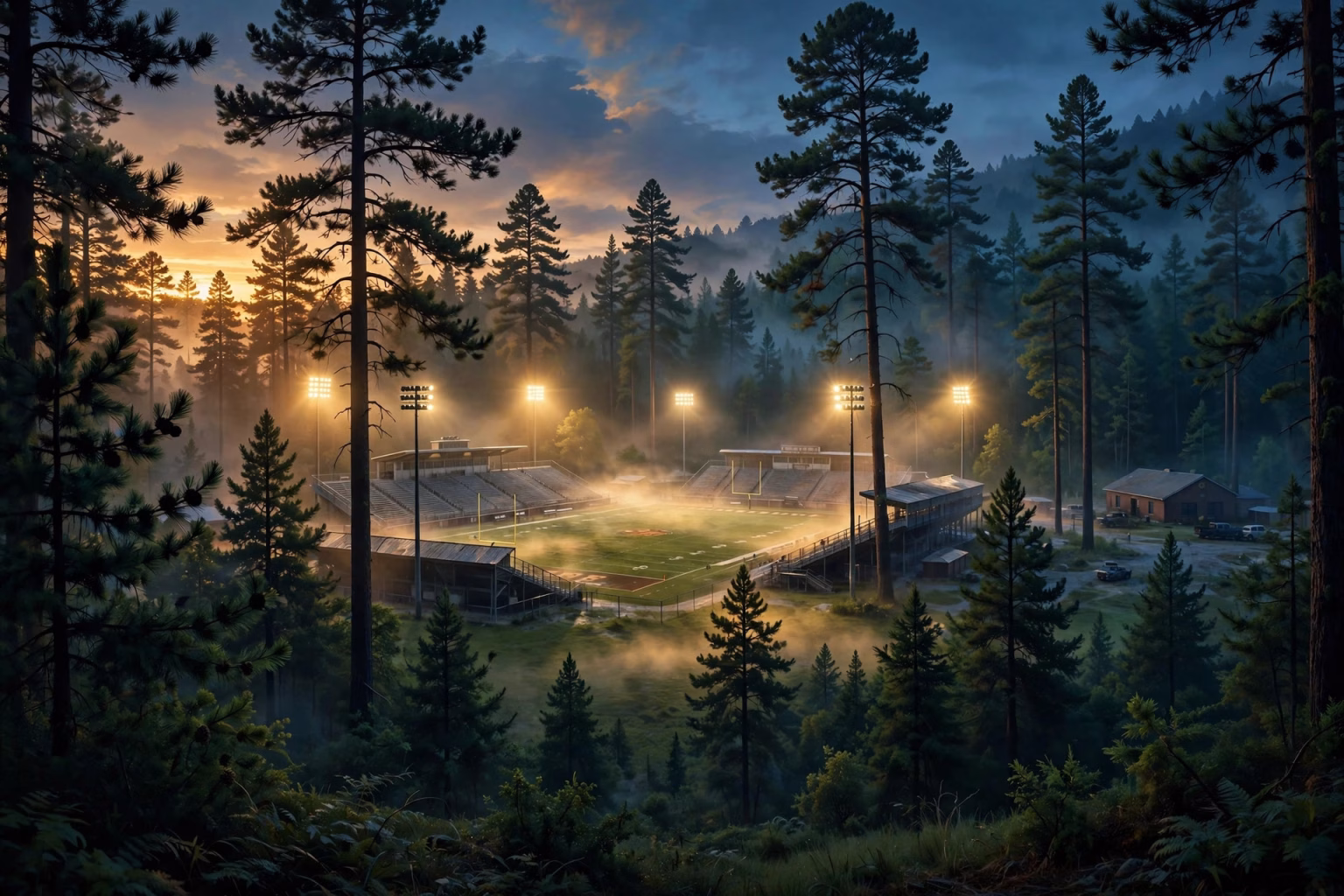 Alabama high school football stadium surrounded by pine trees at golden hour.