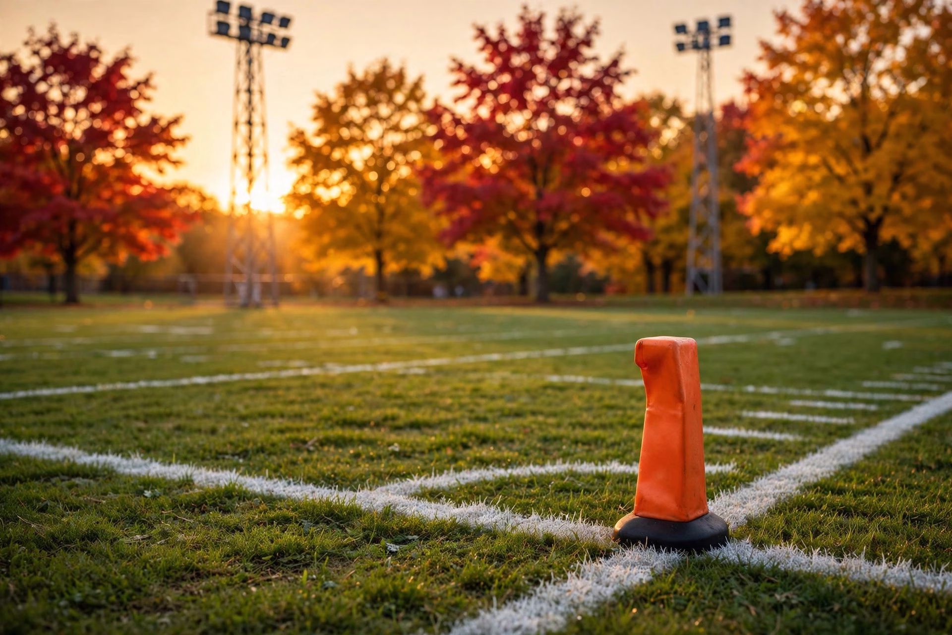 Football field end zone at golden hour surrounded by fall foliage trees.