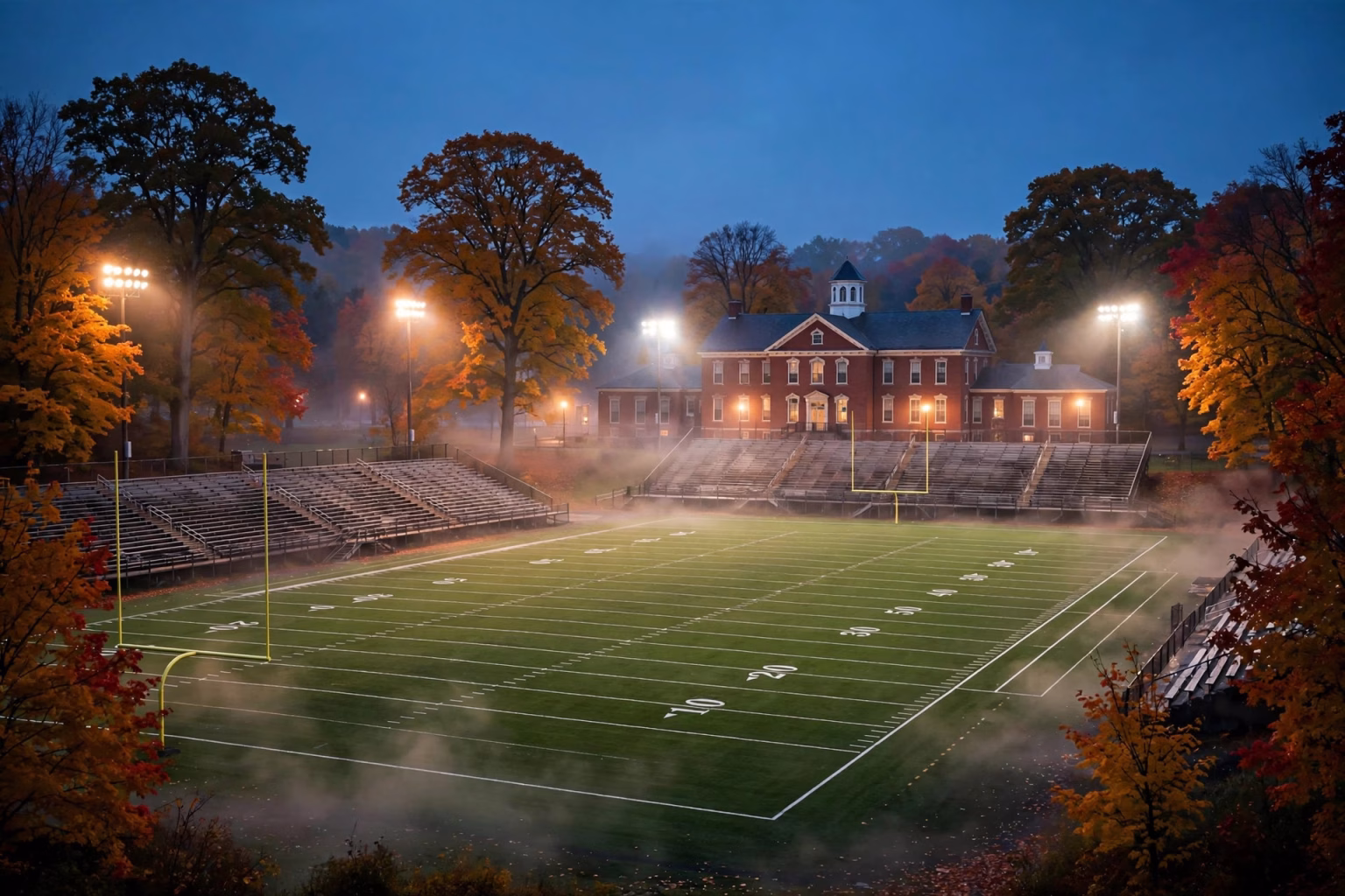 Central High School Football Schedule 2026: Bridgeport Hilltoppers’ Season Guide New England autumn high school football stadium at dusk under floodlights.