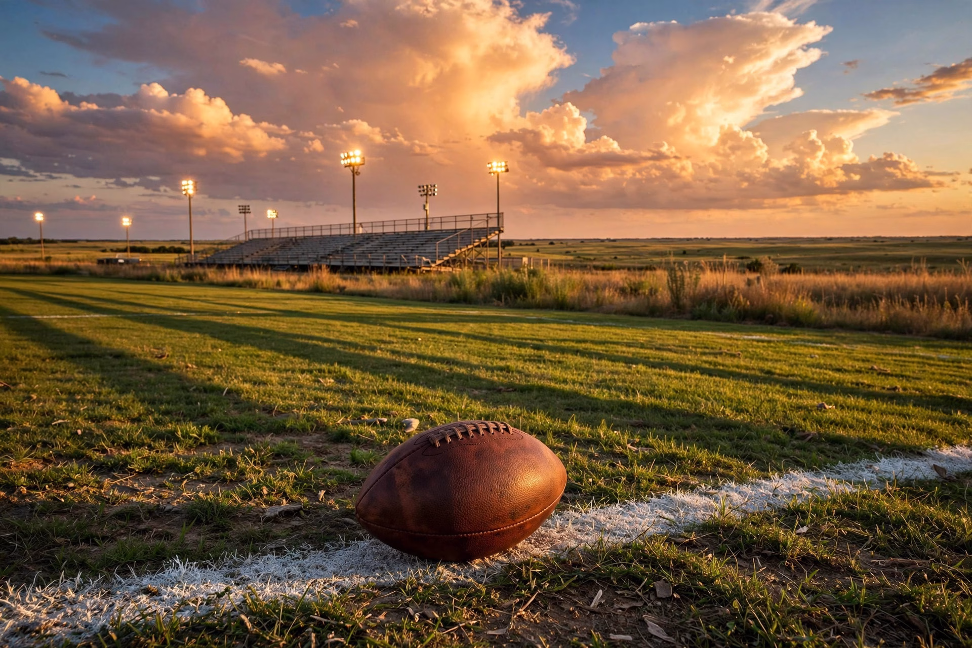 Football on a yard line at golden hour with an Oklahoma stadium and prairie sky behind.